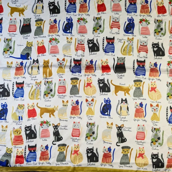 Assorted colorful whimsical cats on white background with gold trim scarf - Picture 8 of 11